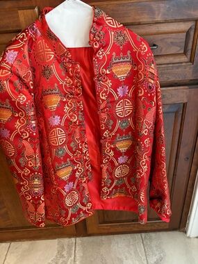 Women's Red Brocade Mandarin Collar Jacket
